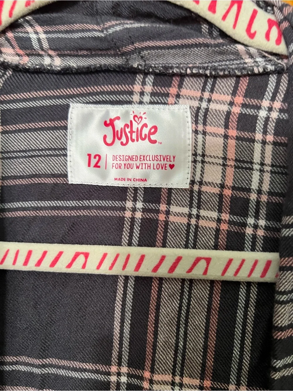 Justice Black Plaid Open-Front Fringe Cardigan
